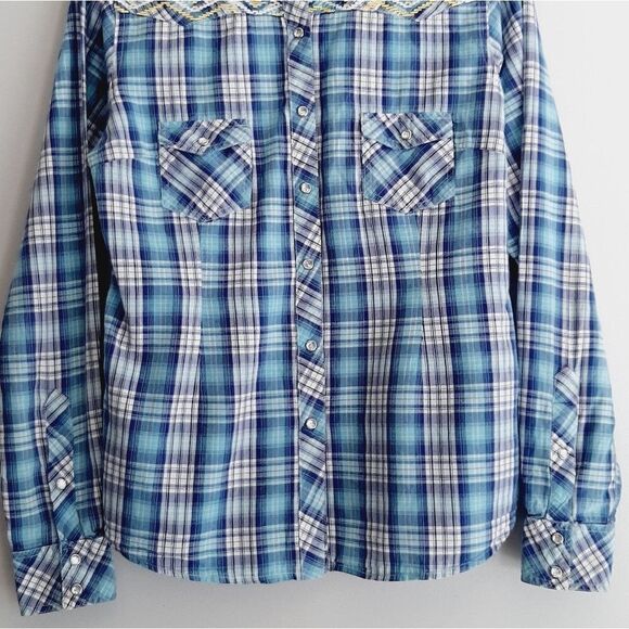 PANHANDLE | Embroidery Pearl Snap Button Down Western Shirt Blue Plaid L Flawed - Picture 3 of 16